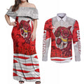 Personalized Dolphins ANZAC Tribute Couples Matching Off Shoulder Maxi Dress and Long Sleeve Button Shirt Poppy Field Soldier Silhouette Aboriginal Rugby Mascot