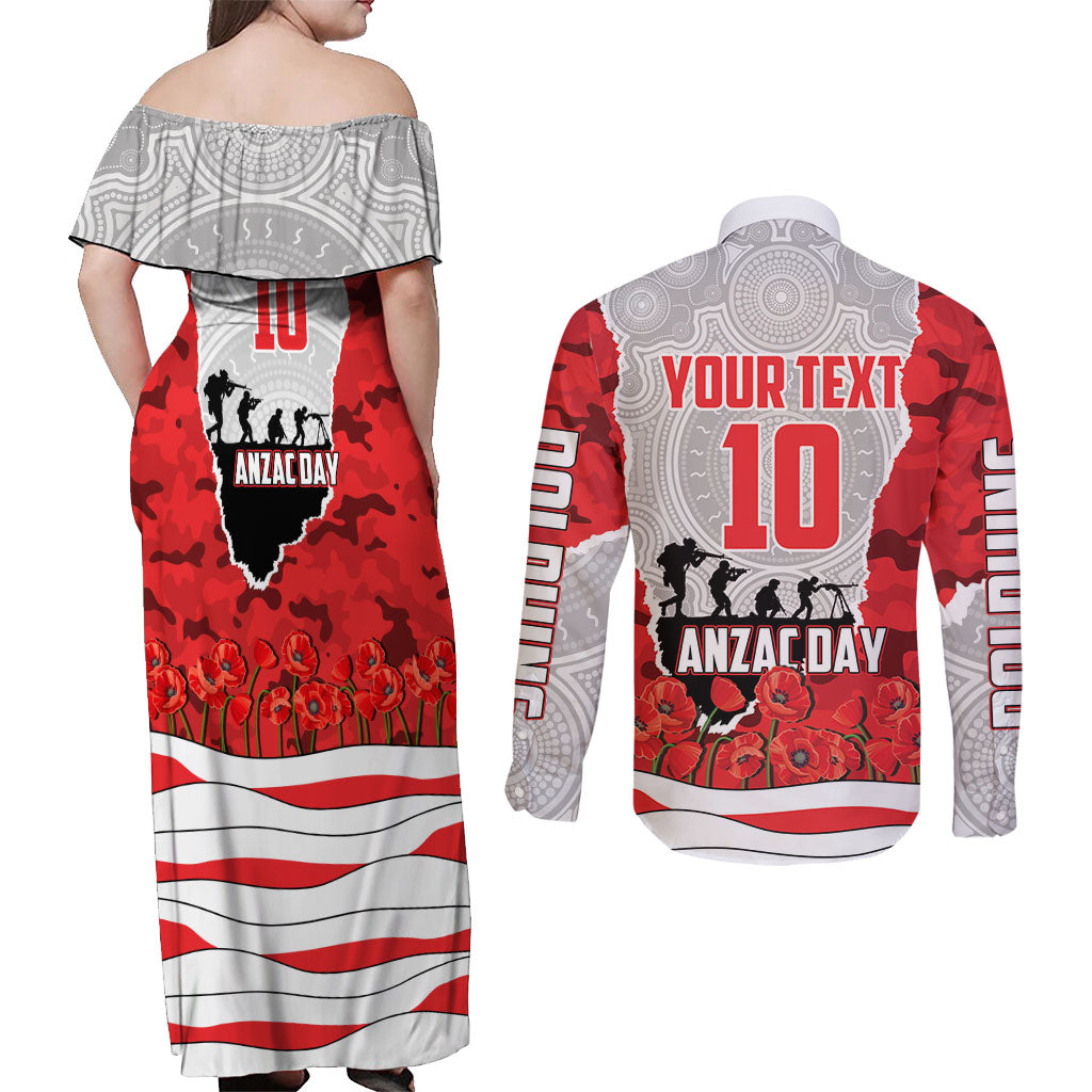 Personalized Dolphins ANZAC Tribute Couples Matching Off Shoulder Maxi Dress and Long Sleeve Button Shirt Poppy Field Soldier Silhouette Aboriginal Rugby Mascot