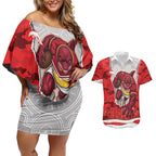 Personalized Dolphins ANZAC Tribute Couples Matching Off Shoulder Short Dress and Hawaiian Shirt Poppy Field Soldier Silhouette Aboriginal Rugby Mascot