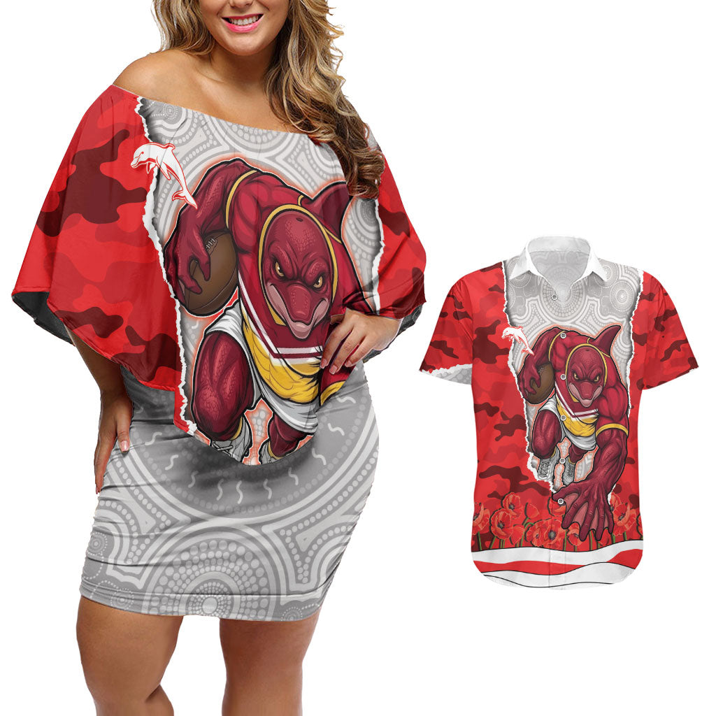 Personalized Dolphins ANZAC Tribute Couples Matching Off Shoulder Short Dress and Hawaiian Shirt Poppy Field Soldier Silhouette Aboriginal Rugby Mascot