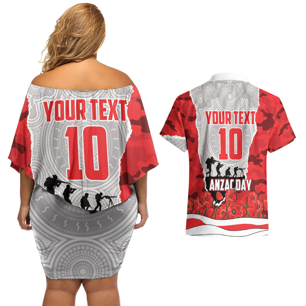 Personalized Dolphins ANZAC Tribute Couples Matching Off Shoulder Short Dress and Hawaiian Shirt Poppy Field Soldier Silhouette Aboriginal Rugby Mascot