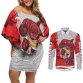 Personalized Dolphins ANZAC Tribute Couples Matching Off Shoulder Short Dress and Long Sleeve Button Shirt Poppy Field Soldier Silhouette Aboriginal Rugby Mascot