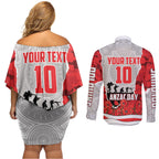 Personalized Dolphins ANZAC Tribute Couples Matching Off Shoulder Short Dress and Long Sleeve Button Shirt Poppy Field Soldier Silhouette Aboriginal Rugby Mascot