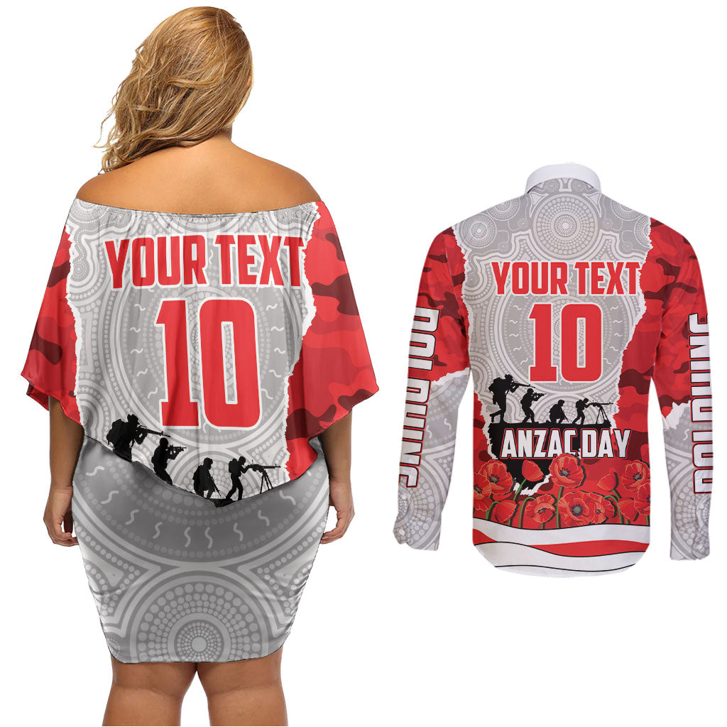 Personalized Dolphins ANZAC Tribute Couples Matching Off Shoulder Short Dress and Long Sleeve Button Shirt Poppy Field Soldier Silhouette Aboriginal Rugby Mascot