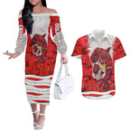 Personalized Dolphins ANZAC Tribute Couples Matching Off The Shoulder Long Sleeve Dress and Hawaiian Shirt Poppy Field Soldier Silhouette Aboriginal Rugby Mascot