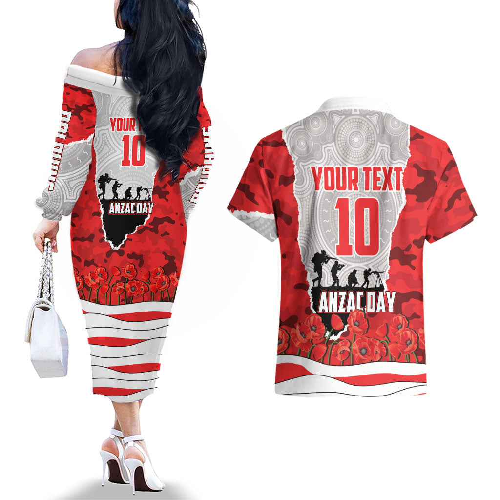 Personalized Dolphins ANZAC Tribute Couples Matching Off The Shoulder Long Sleeve Dress and Hawaiian Shirt Poppy Field Soldier Silhouette Aboriginal Rugby Mascot