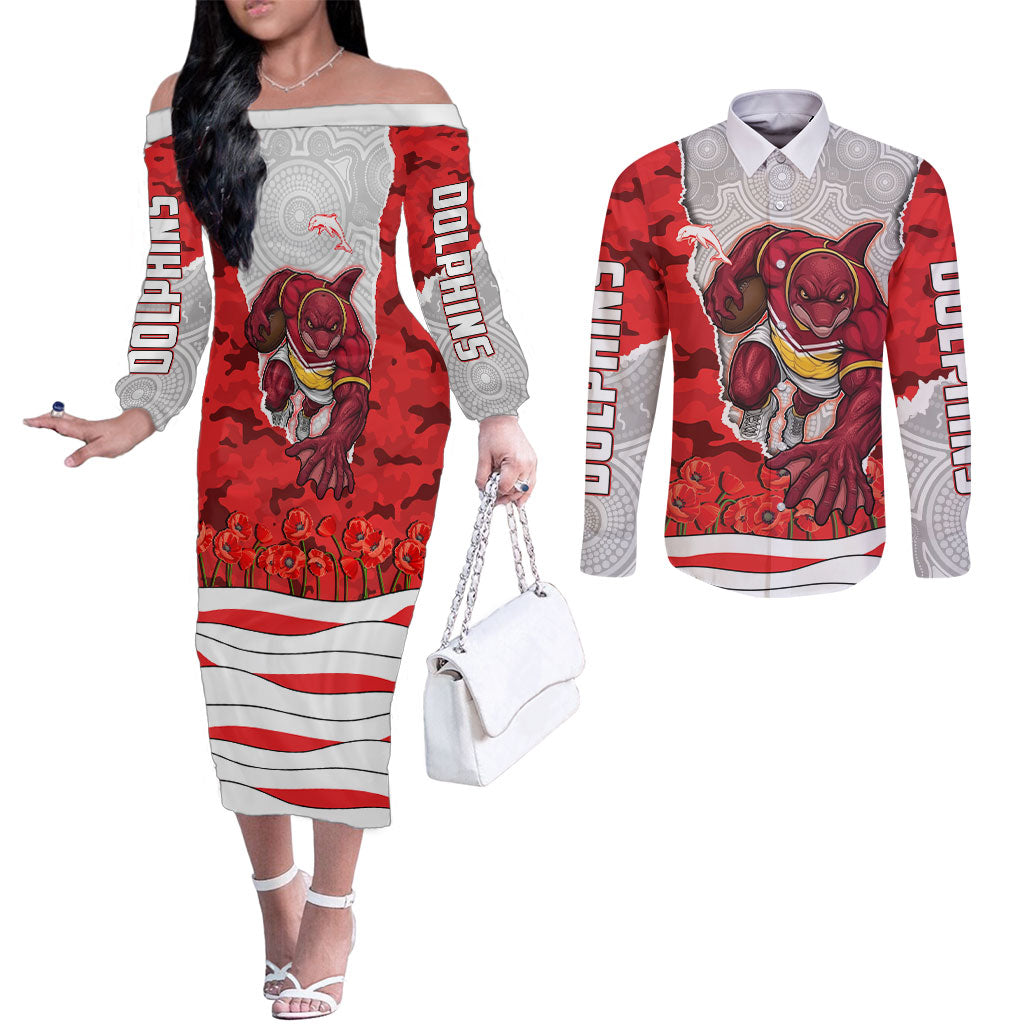 Personalized Dolphins ANZAC Tribute Couples Matching Off The Shoulder Long Sleeve Dress and Long Sleeve Button Shirt Poppy Field Soldier Silhouette Aboriginal Rugby Mascot