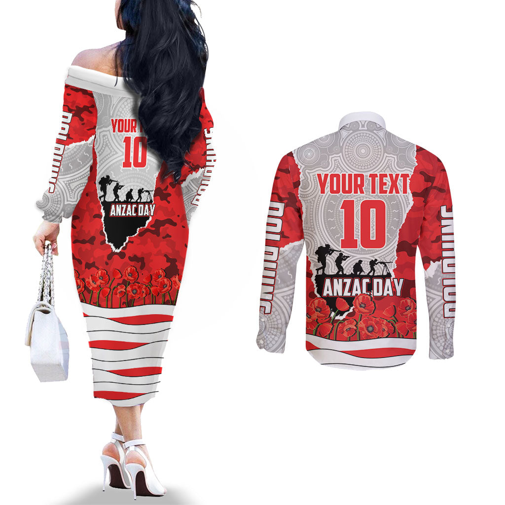 Personalized Dolphins ANZAC Tribute Couples Matching Off The Shoulder Long Sleeve Dress and Long Sleeve Button Shirt Poppy Field Soldier Silhouette Aboriginal Rugby Mascot