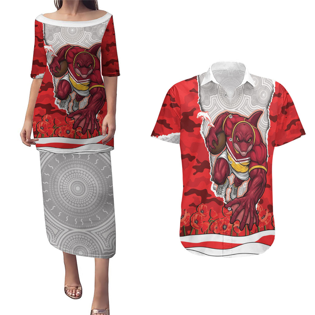 Personalized Dolphins ANZAC Tribute Couples Matching Puletasi and Hawaiian Shirt Poppy Field Soldier Silhouette Aboriginal Rugby Mascot