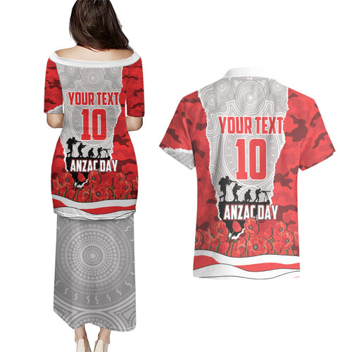 Personalized Dolphins ANZAC Tribute Couples Matching Puletasi and Hawaiian Shirt Poppy Field Soldier Silhouette Aboriginal Rugby Mascot