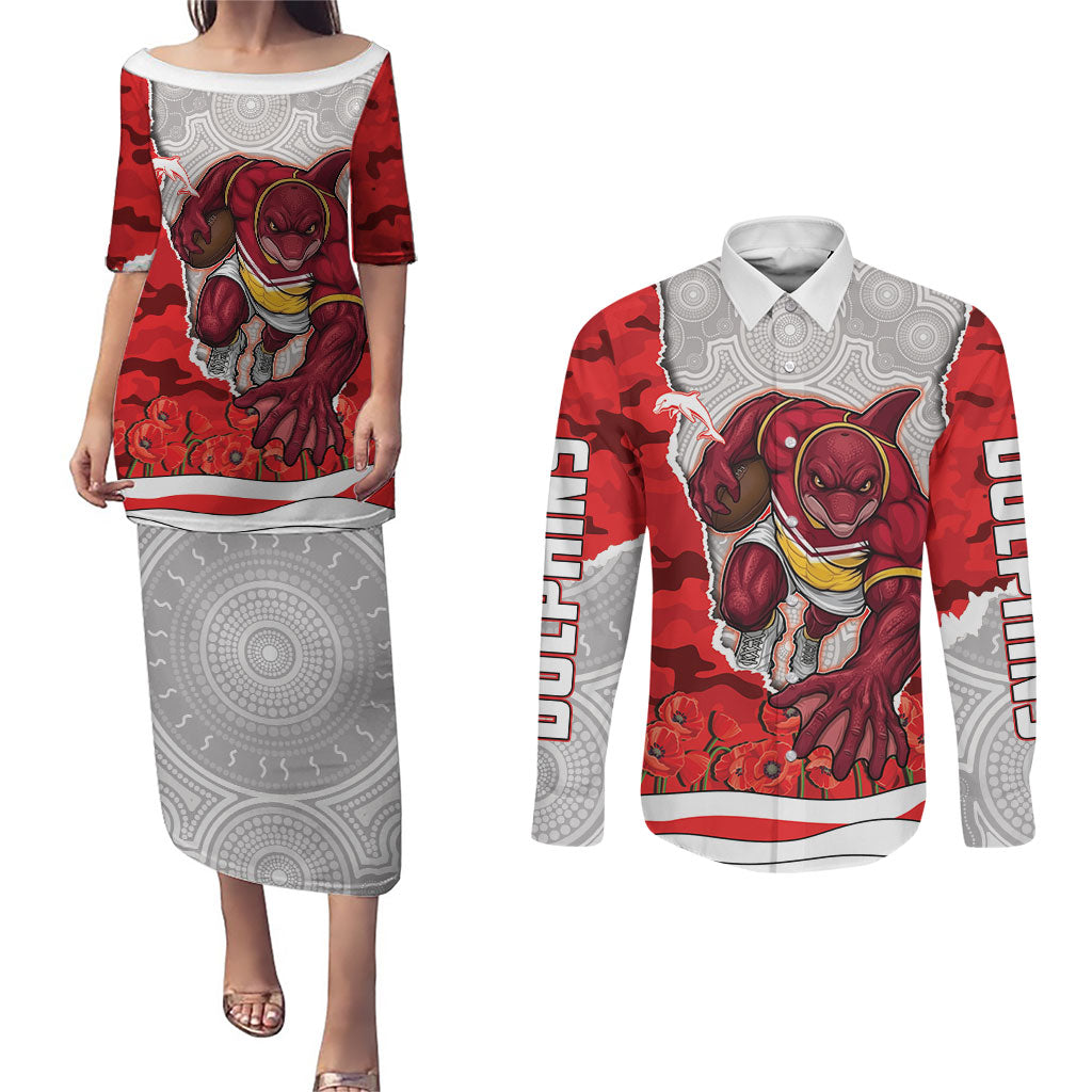 Personalized Dolphins ANZAC Tribute Couples Matching Puletasi and Long Sleeve Button Shirt Poppy Field Soldier Silhouette Aboriginal Rugby Mascot