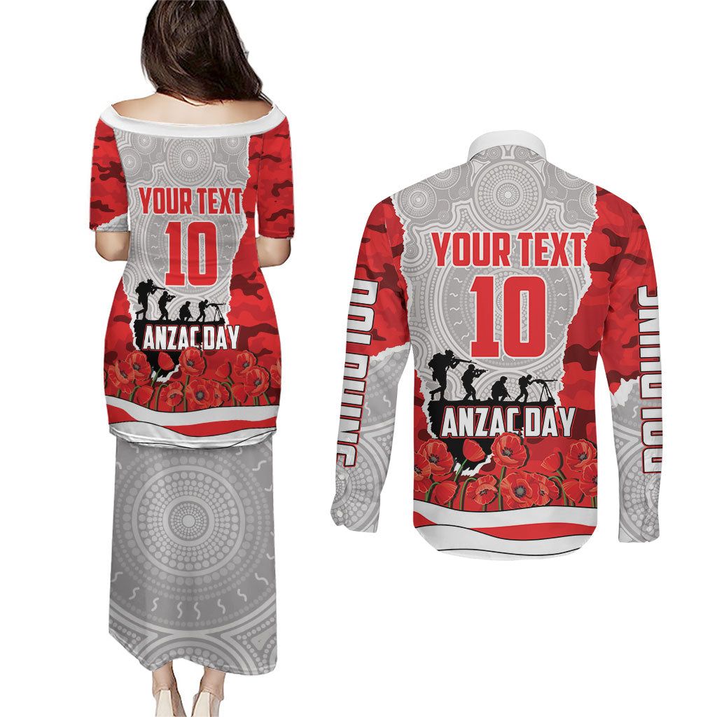 Personalized Dolphins ANZAC Tribute Couples Matching Puletasi and Long Sleeve Button Shirt Poppy Field Soldier Silhouette Aboriginal Rugby Mascot