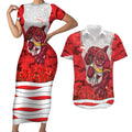 Personalized Dolphins ANZAC Tribute Couples Matching Short Sleeve Bodycon Dress and Hawaiian Shirt Poppy Field Soldier Silhouette Aboriginal Rugby Mascot