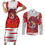 Personalized Dolphins ANZAC Tribute Couples Matching Short Sleeve Bodycon Dress and Long Sleeve Button Shirt Poppy Field Soldier Silhouette Aboriginal Rugby Mascot