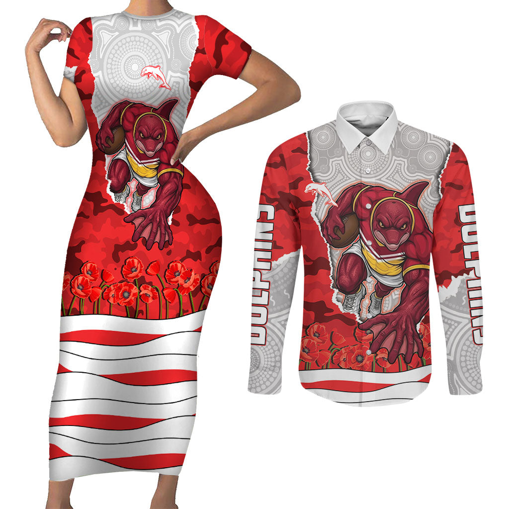 Personalized Dolphins ANZAC Tribute Couples Matching Short Sleeve Bodycon Dress and Long Sleeve Button Shirt Poppy Field Soldier Silhouette Aboriginal Rugby Mascot