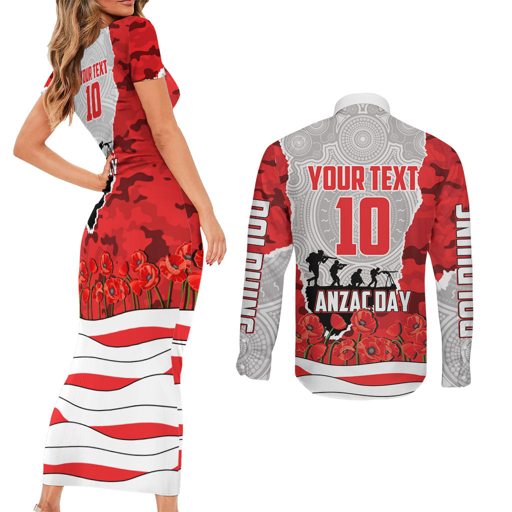 Personalized Dolphins ANZAC Tribute Couples Matching Short Sleeve Bodycon Dress and Long Sleeve Button Shirt Poppy Field Soldier Silhouette Aboriginal Rugby Mascot