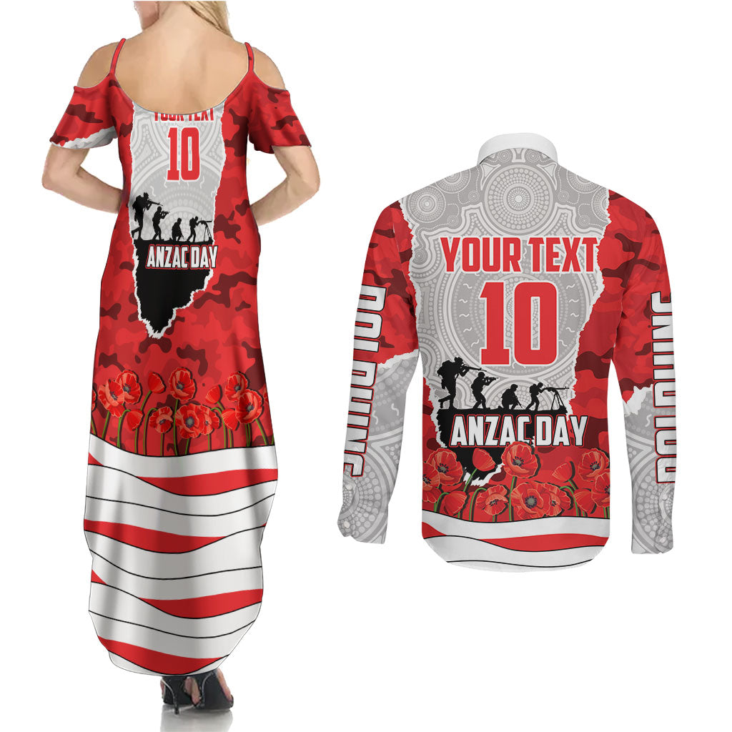 Personalized Dolphins ANZAC Tribute Couples Matching Summer Maxi Dress and Long Sleeve Button Shirt Poppy Field Soldier Silhouette Aboriginal Rugby Mascot