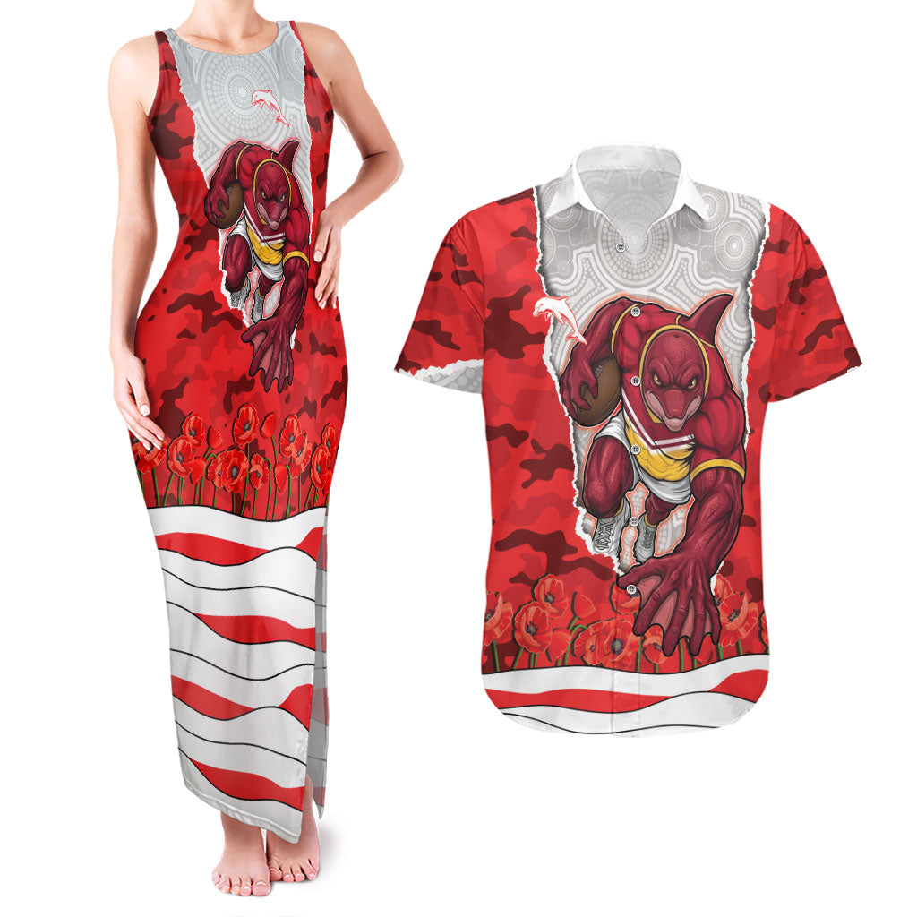 Personalized Dolphins ANZAC Tribute Couples Matching Tank Maxi Dress and Hawaiian Shirt Poppy Field Soldier Silhouette Aboriginal Rugby Mascot