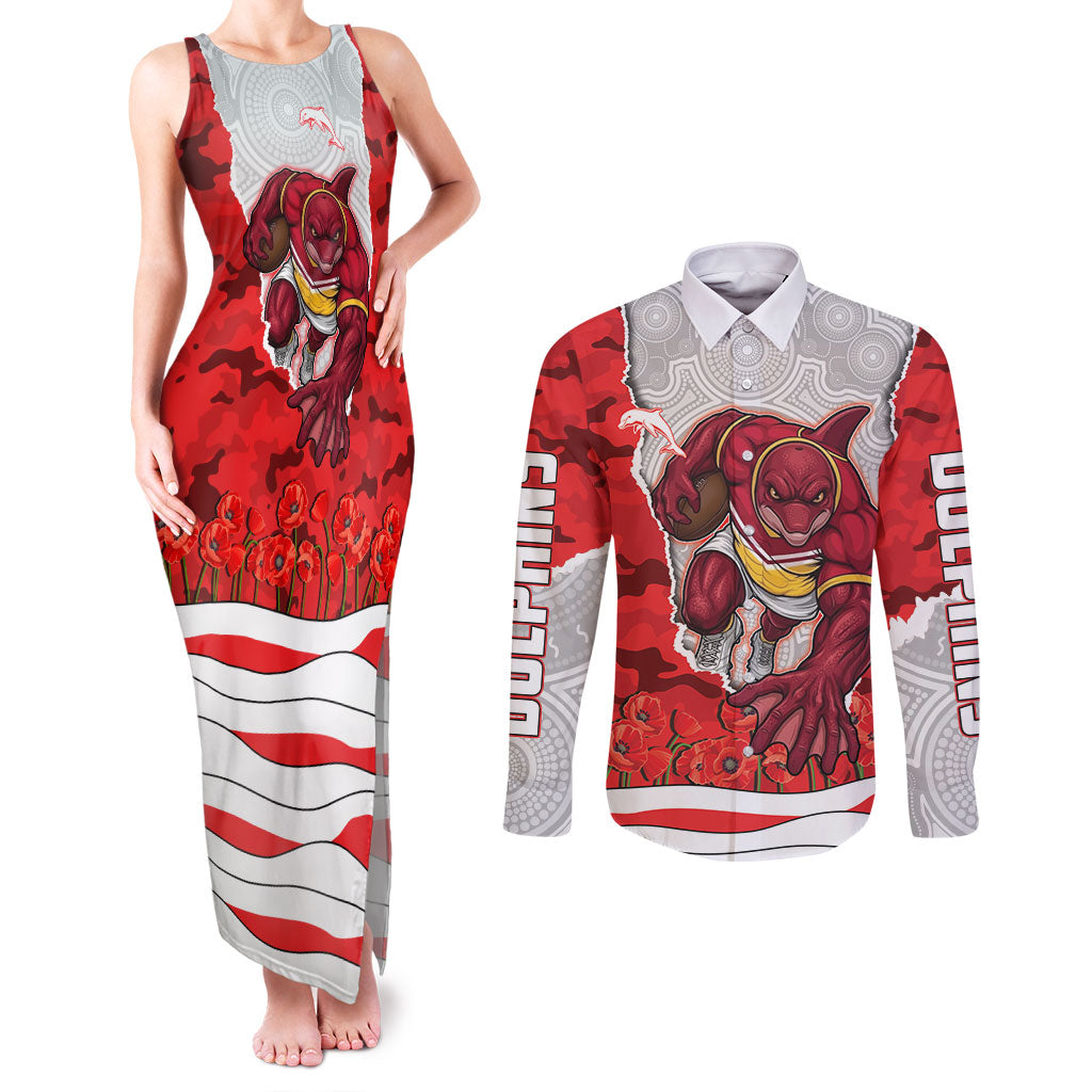 Personalized Dolphins ANZAC Tribute Couples Matching Tank Maxi Dress and Long Sleeve Button Shirt Poppy Field Soldier Silhouette Aboriginal Rugby Mascot