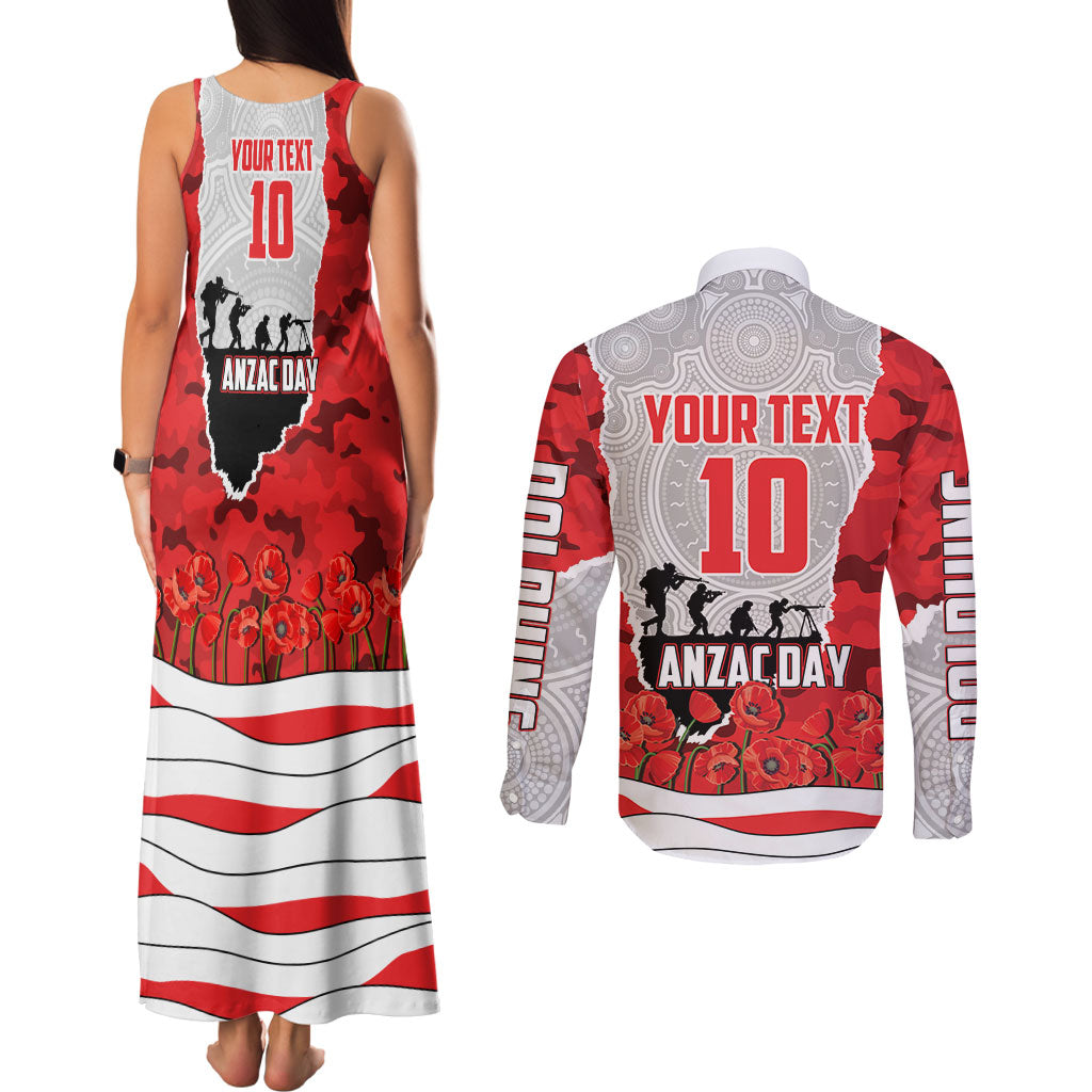 Personalized Dolphins ANZAC Tribute Couples Matching Tank Maxi Dress and Long Sleeve Button Shirt Poppy Field Soldier Silhouette Aboriginal Rugby Mascot