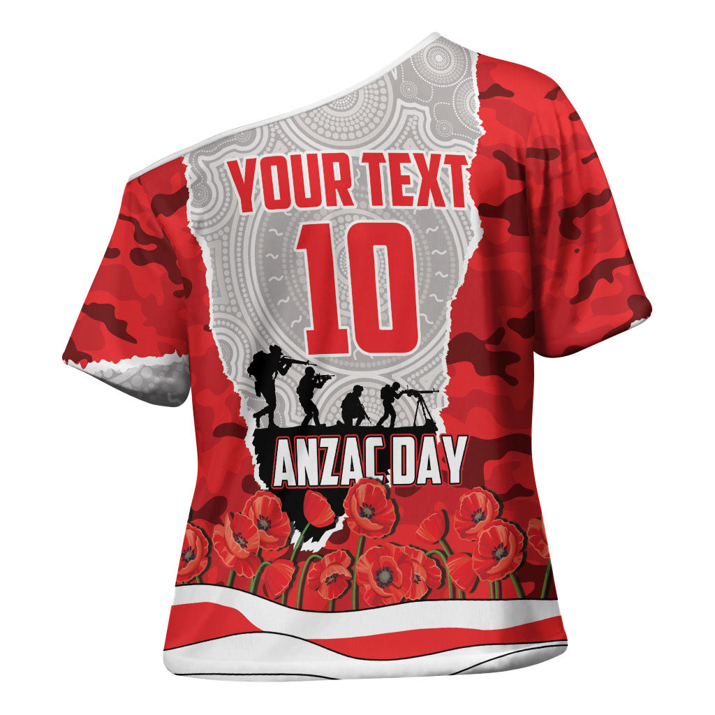 Personalized Dolphins ANZAC Tribute Cross Shoulder Shirt Poppy Field Soldier Silhouette Aboriginal Rugby Mascot