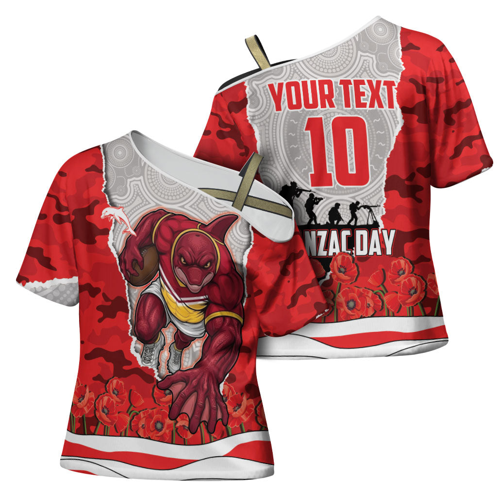 Personalized Dolphins ANZAC Tribute Cross Shoulder Shirt Poppy Field Soldier Silhouette Aboriginal Rugby Mascot