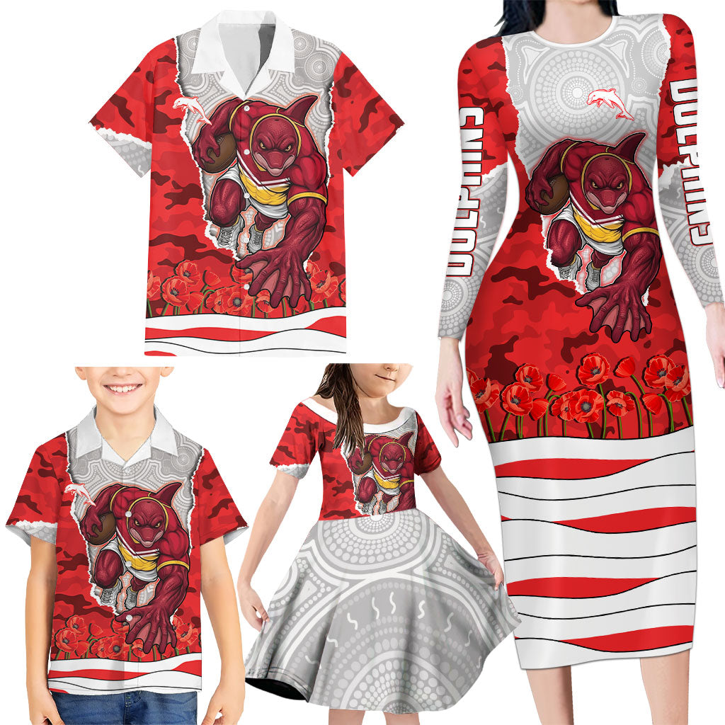 Personalized Dolphins ANZAC Tribute Family Matching Long Sleeve Bodycon Dress and Hawaiian Shirt Poppy Field Soldier Silhouette Aboriginal Rugby Mascot