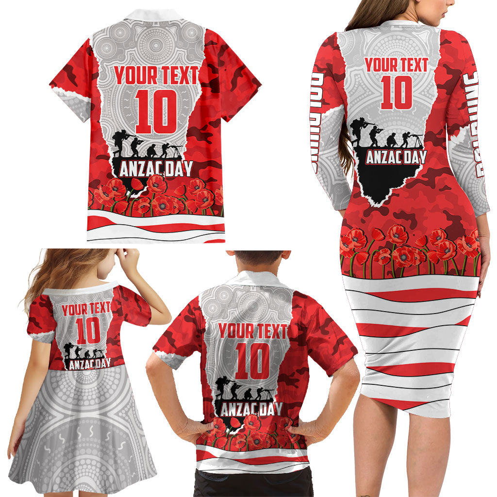 Personalized Dolphins ANZAC Tribute Family Matching Long Sleeve Bodycon Dress and Hawaiian Shirt Poppy Field Soldier Silhouette Aboriginal Rugby Mascot