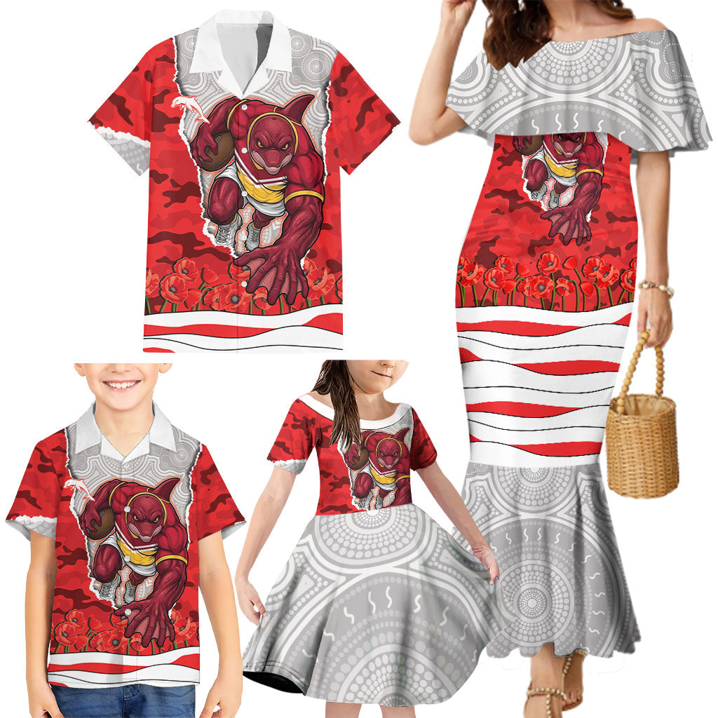 Personalized Dolphins ANZAC Tribute Family Matching Mermaid Dress and Hawaiian Shirt Poppy Field Soldier Silhouette Aboriginal Rugby Mascot