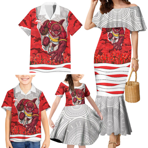 Personalized Dolphins ANZAC Tribute Family Matching Mermaid Dress and Hawaiian Shirt Poppy Field Soldier Silhouette Aboriginal Rugby Mascot