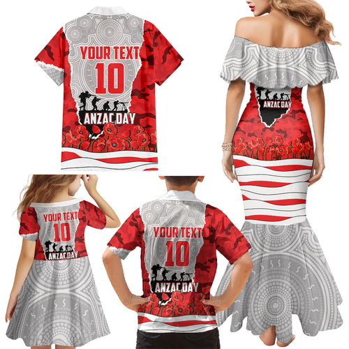 Personalized Dolphins ANZAC Tribute Family Matching Mermaid Dress and Hawaiian Shirt Poppy Field Soldier Silhouette Aboriginal Rugby Mascot