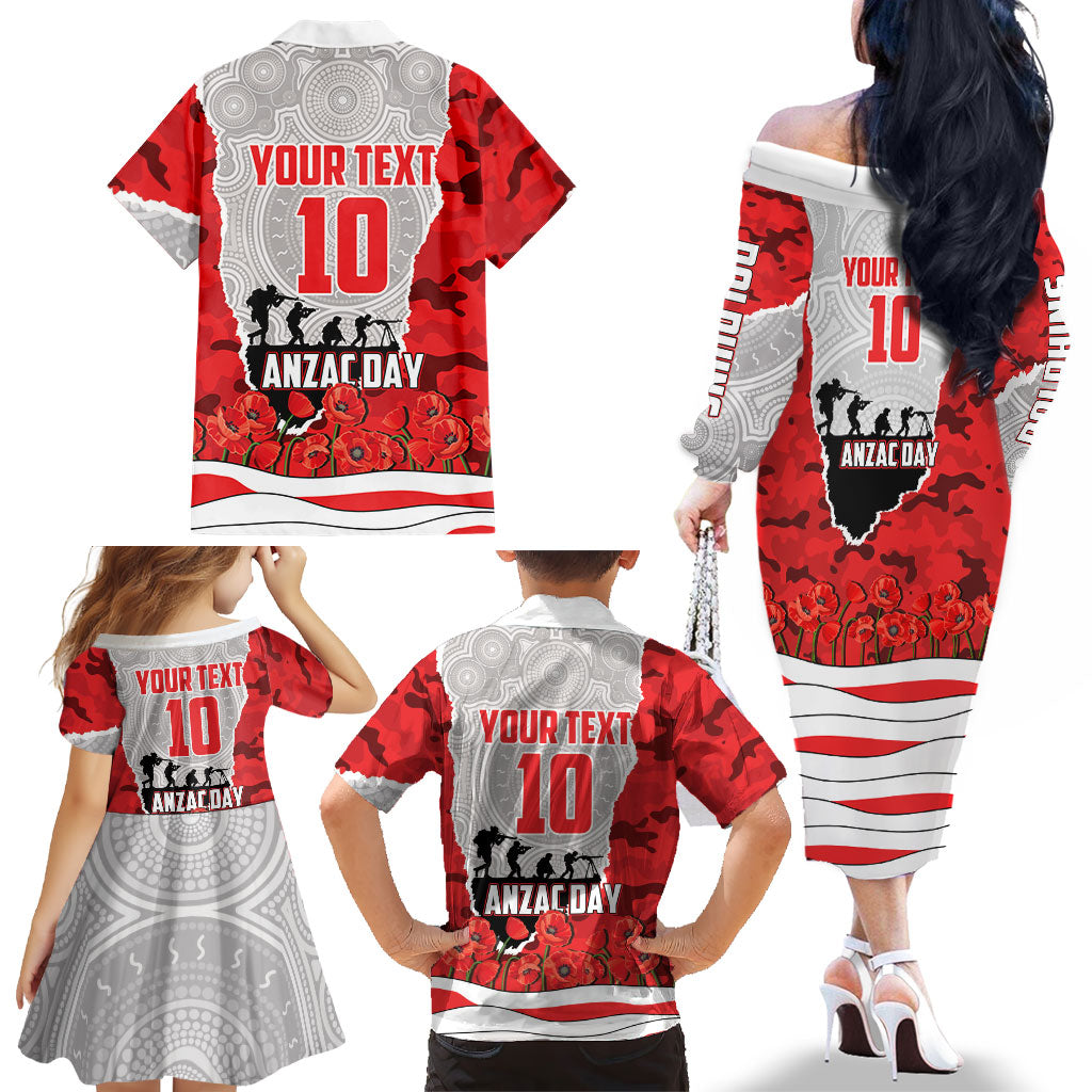 Personalized Dolphins ANZAC Tribute Family Matching Off The Shoulder Long Sleeve Dress and Hawaiian Shirt Poppy Field Soldier Silhouette Aboriginal Rugby Mascot