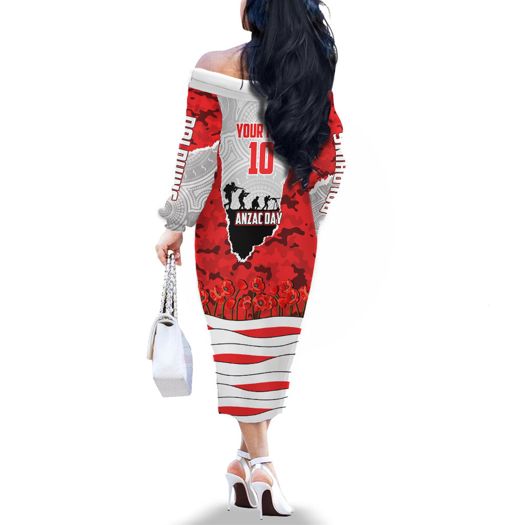Personalized Dolphins ANZAC Tribute Family Matching Off The Shoulder Long Sleeve Dress and Hawaiian Shirt Poppy Field Soldier Silhouette Aboriginal Rugby Mascot