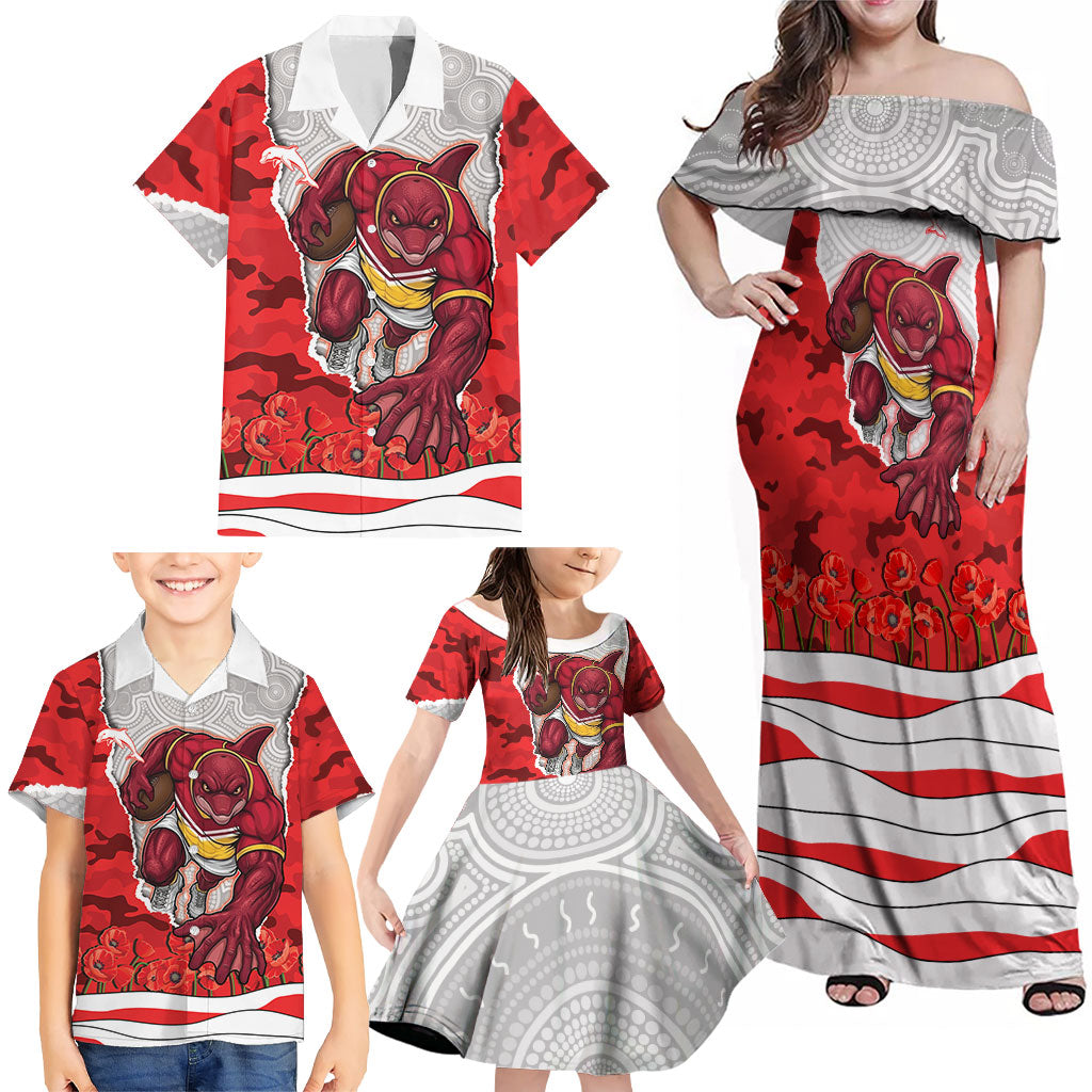 Personalized Dolphins ANZAC Tribute Family Matching Off Shoulder Maxi Dress and Hawaiian Shirt Poppy Field Soldier Silhouette Aboriginal Rugby Mascot