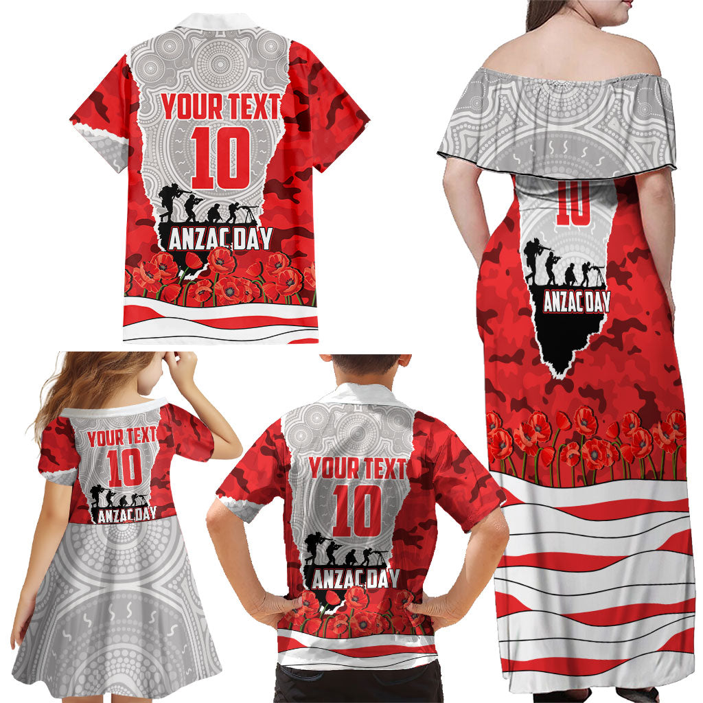 Personalized Dolphins ANZAC Tribute Family Matching Off Shoulder Maxi Dress and Hawaiian Shirt Poppy Field Soldier Silhouette Aboriginal Rugby Mascot