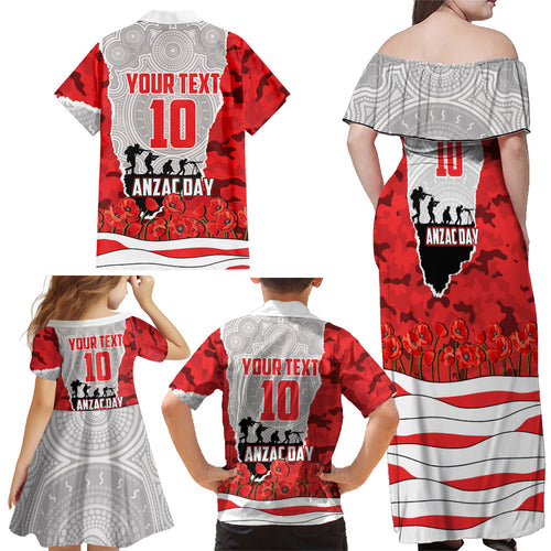 Personalized Dolphins ANZAC Tribute Family Matching Off Shoulder Maxi Dress and Hawaiian Shirt Poppy Field Soldier Silhouette Aboriginal Rugby Mascot