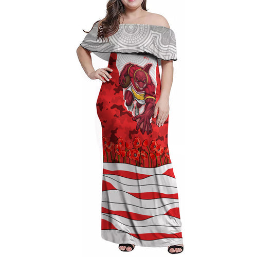 Personalized Dolphins ANZAC Tribute Family Matching Off Shoulder Maxi Dress and Hawaiian Shirt Poppy Field Soldier Silhouette Aboriginal Rugby Mascot