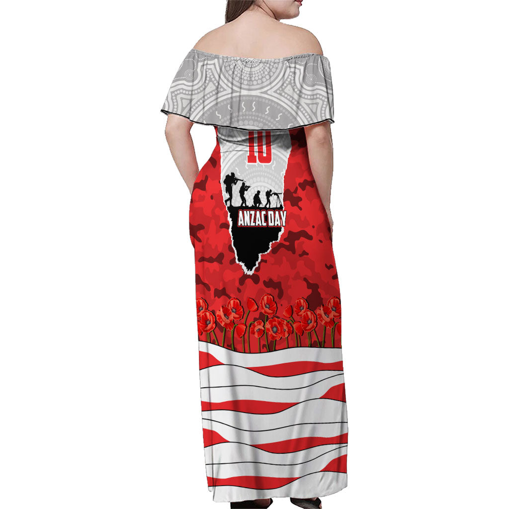 Personalized Dolphins ANZAC Tribute Family Matching Off Shoulder Maxi Dress and Hawaiian Shirt Poppy Field Soldier Silhouette Aboriginal Rugby Mascot