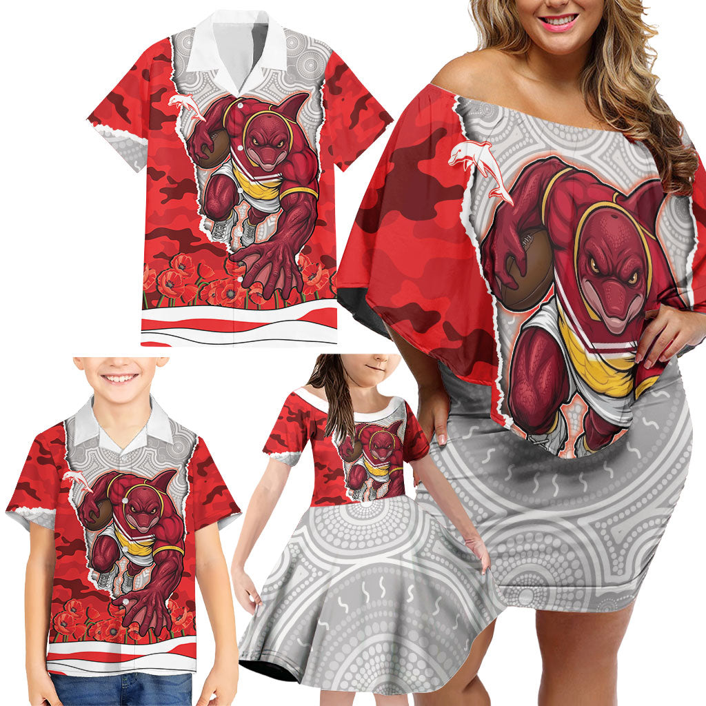 Personalized Dolphins ANZAC Tribute Family Matching Off Shoulder Short Dress and Hawaiian Shirt Poppy Field Soldier Silhouette Aboriginal Rugby Mascot