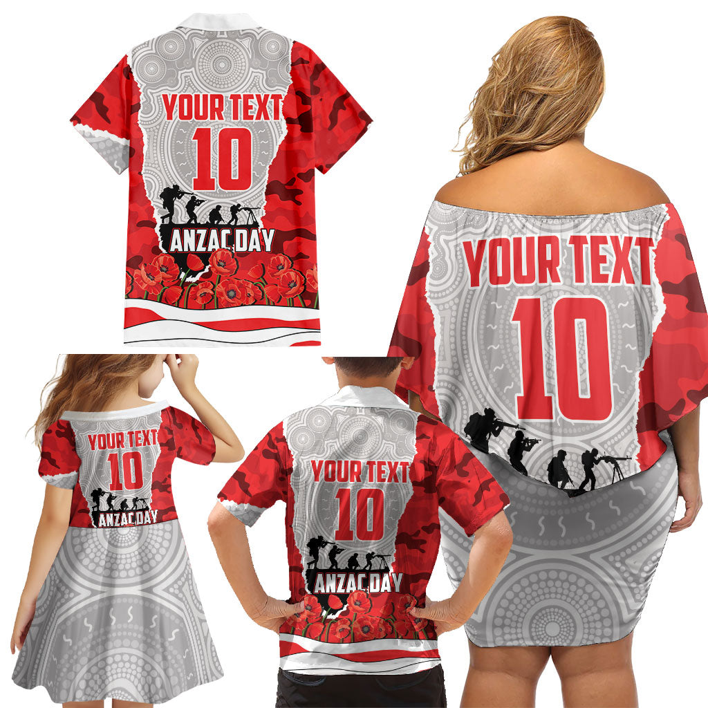 Personalized Dolphins ANZAC Tribute Family Matching Off Shoulder Short Dress and Hawaiian Shirt Poppy Field Soldier Silhouette Aboriginal Rugby Mascot