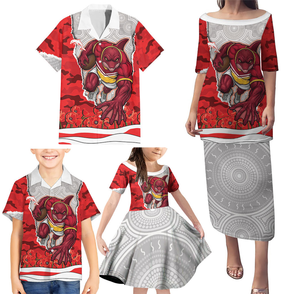 Personalized Dolphins ANZAC Tribute Family Matching Puletasi and Hawaiian Shirt Poppy Field Soldier Silhouette Aboriginal Rugby Mascot