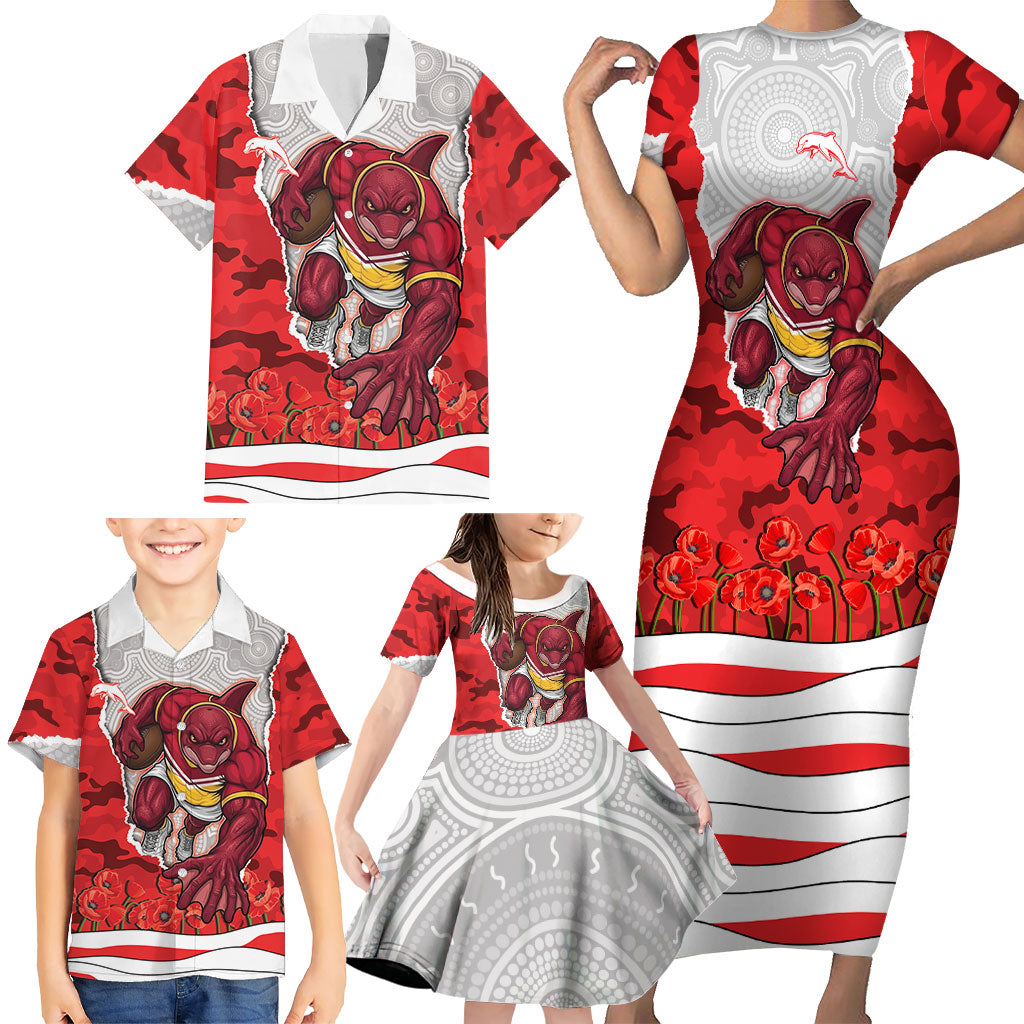 Personalized Dolphins ANZAC Tribute Family Matching Short Sleeve Bodycon Dress and Hawaiian Shirt Poppy Field Soldier Silhouette Aboriginal Rugby Mascot