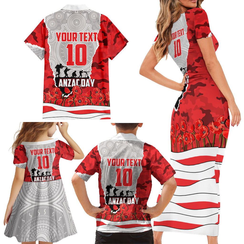 Personalized Dolphins ANZAC Tribute Family Matching Short Sleeve Bodycon Dress and Hawaiian Shirt Poppy Field Soldier Silhouette Aboriginal Rugby Mascot