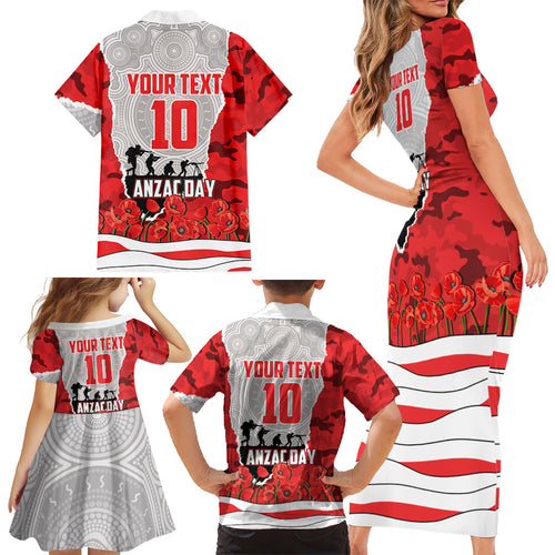 Personalized Dolphins ANZAC Tribute Family Matching Short Sleeve Bodycon Dress and Hawaiian Shirt Poppy Field Soldier Silhouette Aboriginal Rugby Mascot