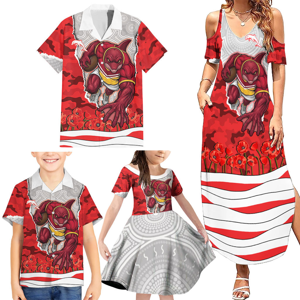 Personalized Dolphins ANZAC Tribute Family Matching Summer Maxi Dress and Hawaiian Shirt Poppy Field Soldier Silhouette Aboriginal Rugby Mascot