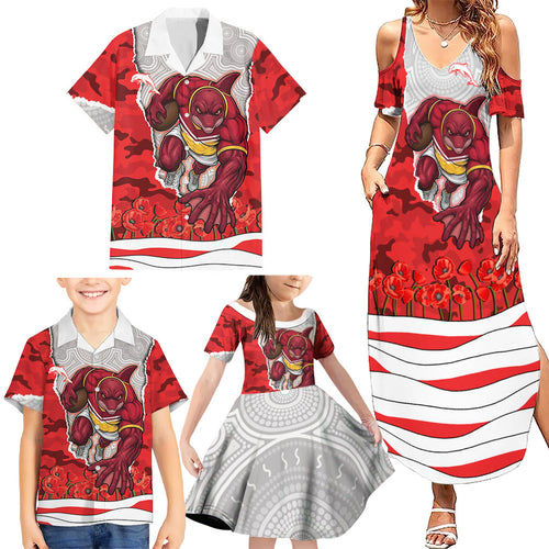 Personalized Dolphins ANZAC Tribute Family Matching Summer Maxi Dress and Hawaiian Shirt Poppy Field Soldier Silhouette Aboriginal Rugby Mascot