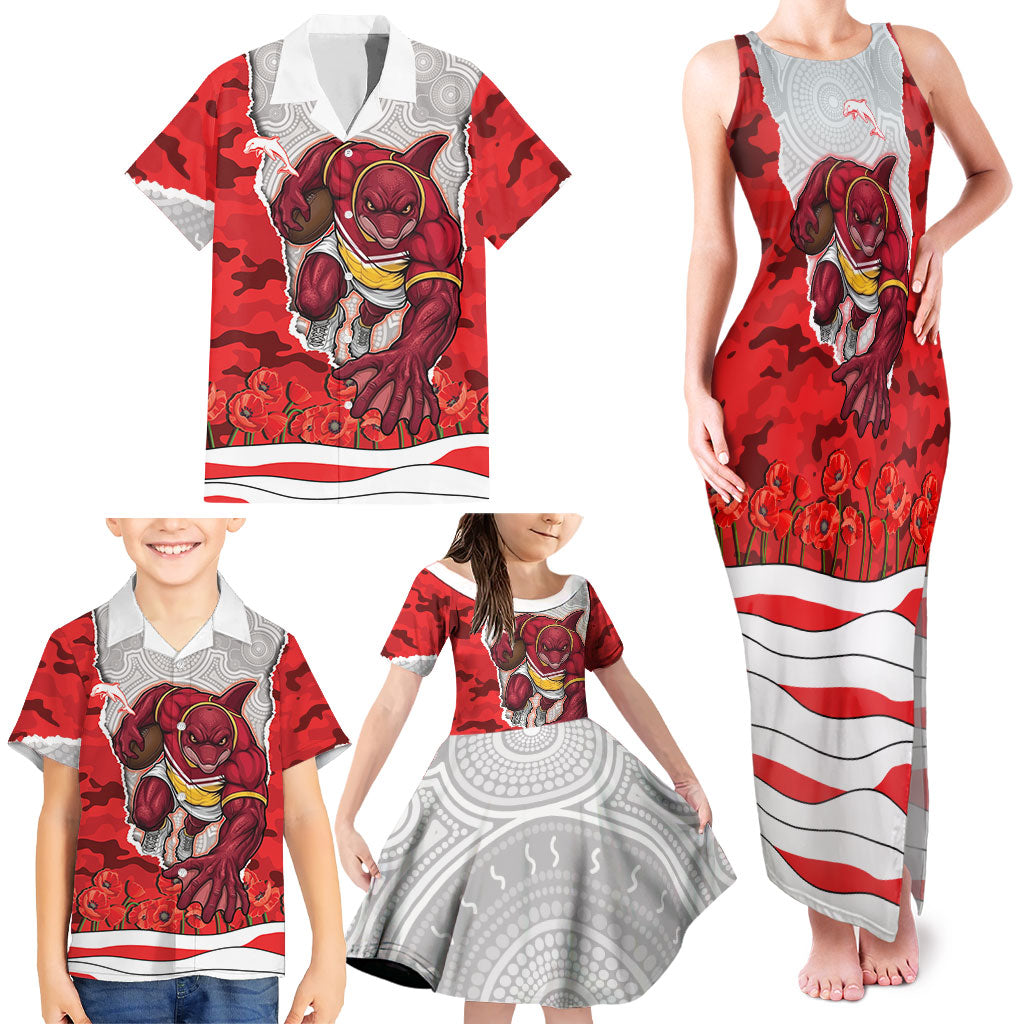 Personalized Dolphins ANZAC Tribute Family Matching Tank Maxi Dress and Hawaiian Shirt Poppy Field Soldier Silhouette Aboriginal Rugby Mascot