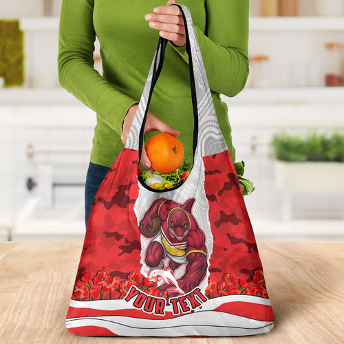 Personalized Dolphins ANZAC Tribute Grocery Bag Poppy Field Soldier Silhouette Aboriginal Rugby Mascot