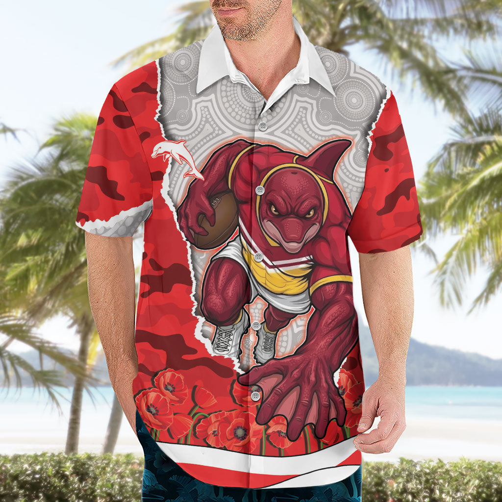 Personalized Dolphins ANZAC Tribute Hawaiian Shirt Poppy Field Soldier Silhouette Aboriginal Rugby Mascot