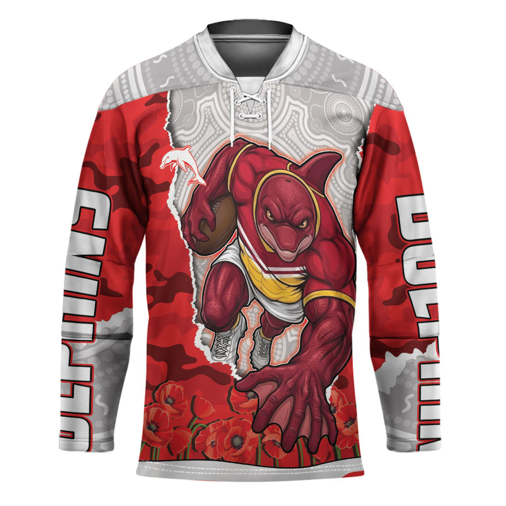 Personalized Dolphins ANZAC Tribute Hockey Jersey Poppy Field Soldier Silhouette Aboriginal Rugby Mascot